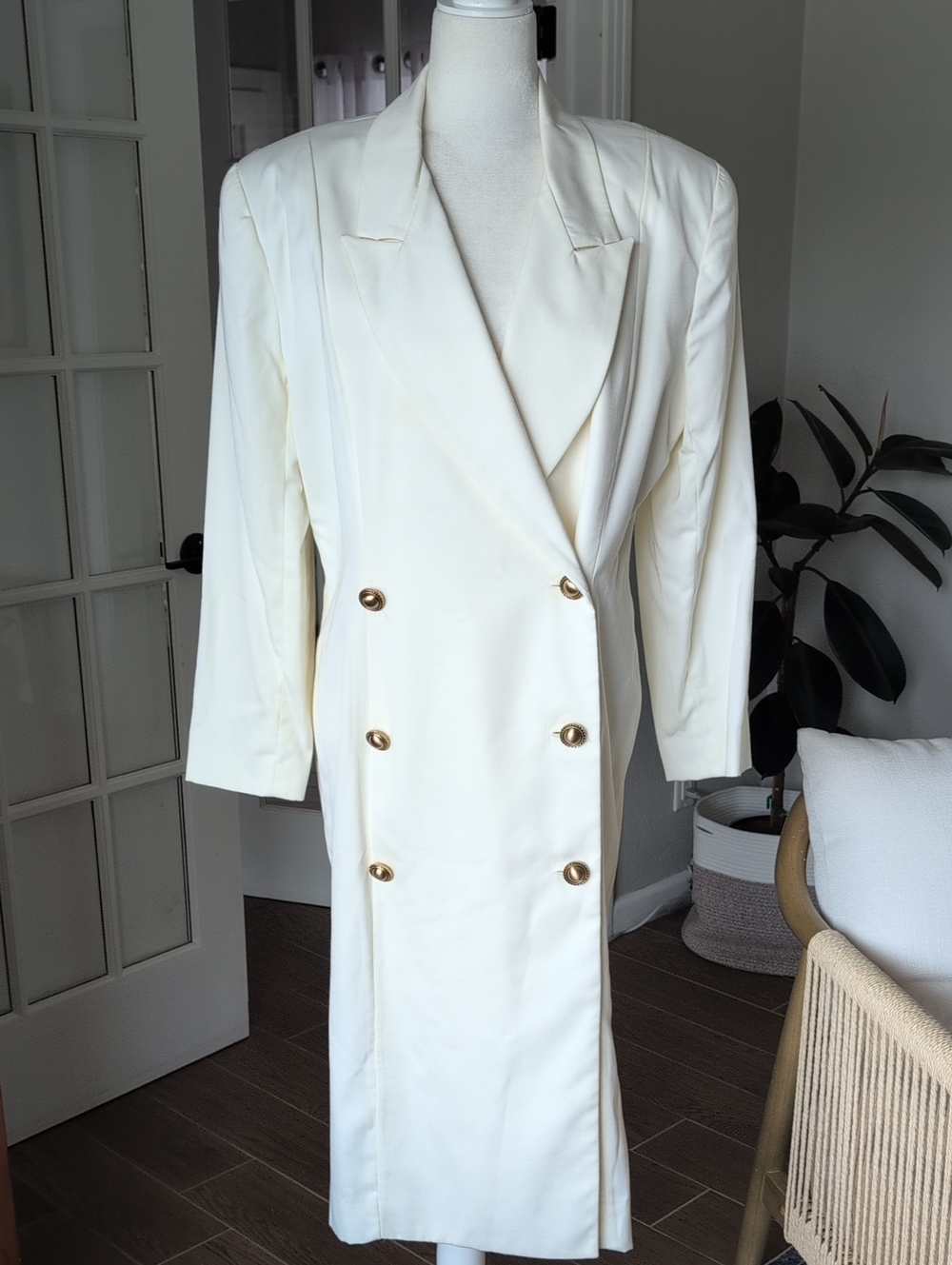 1980's Vintage Depeche Mode Classic Double-Breasted Cream Long Blazer Dress 14
